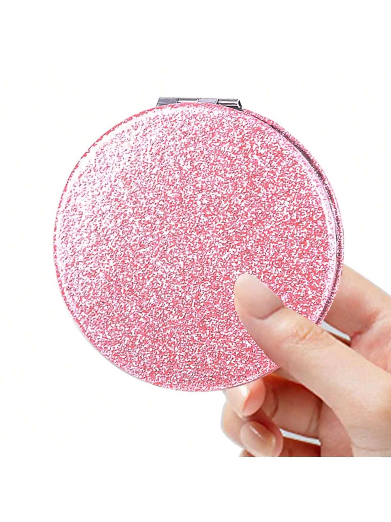Large Round 72mm Pink Glitter PU Leather Makeup Mirror Folding Pocket Mirror Portable DIY Creative Metal Mini Hand Mirror for Wo H260327