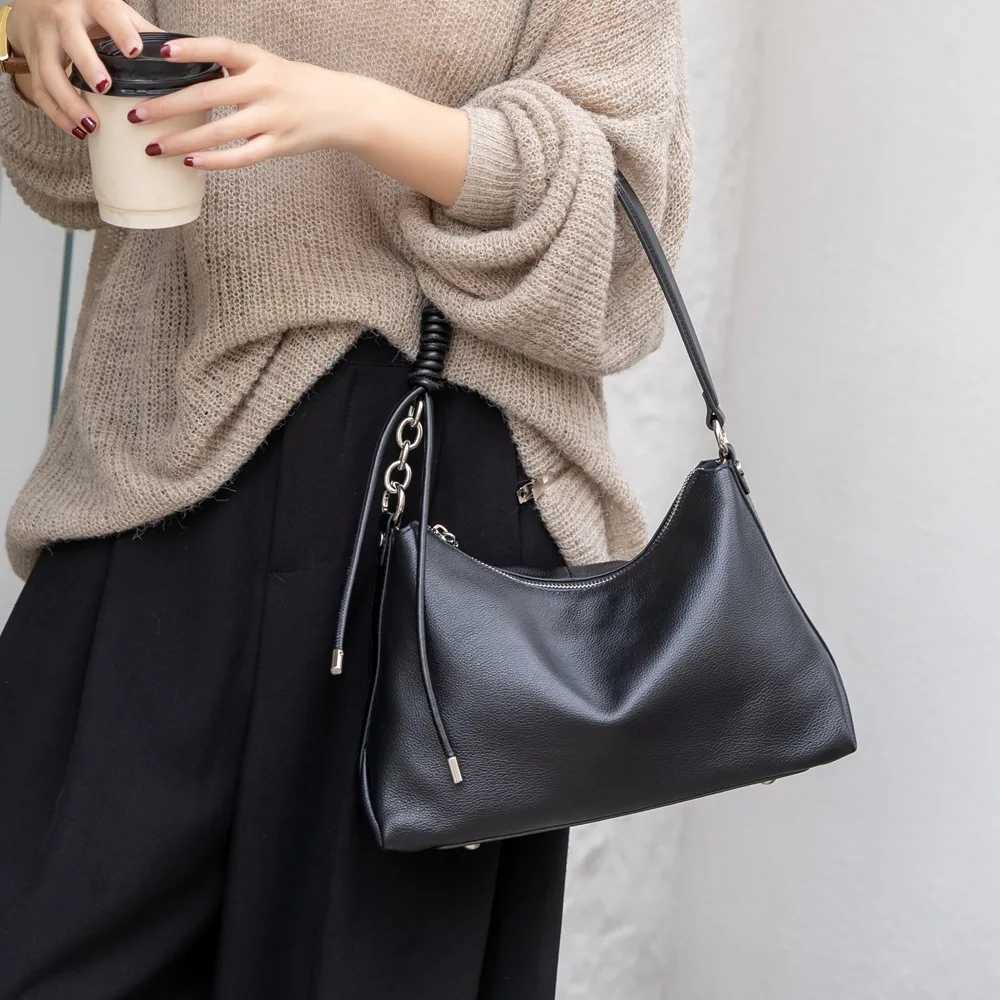 Genuine Leather Underarm Hobo Bag for Women - Vintage Chain Shoulder Bag Soft Leather Crescent Purse for Daily Commute C260327
