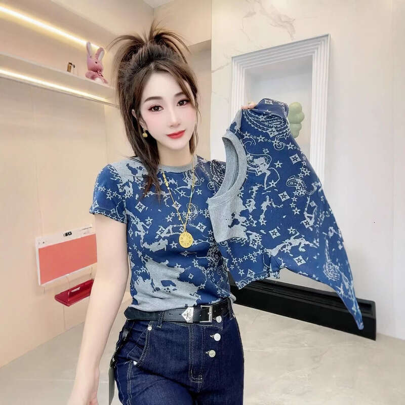 European Station Douyin Summer New Vintage Tie-Dye Floral Print Short Sleeve T-Shirt For Women Slim Fit Round Neck Regular Shoulder Top