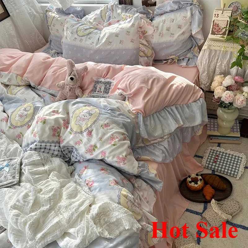 Korean Princess Style Floral Ruffles Bedding Set Skin-friendly Soft Duvet Cover Set Bed Sheet Or Bed Skirt Pillowcases H260327