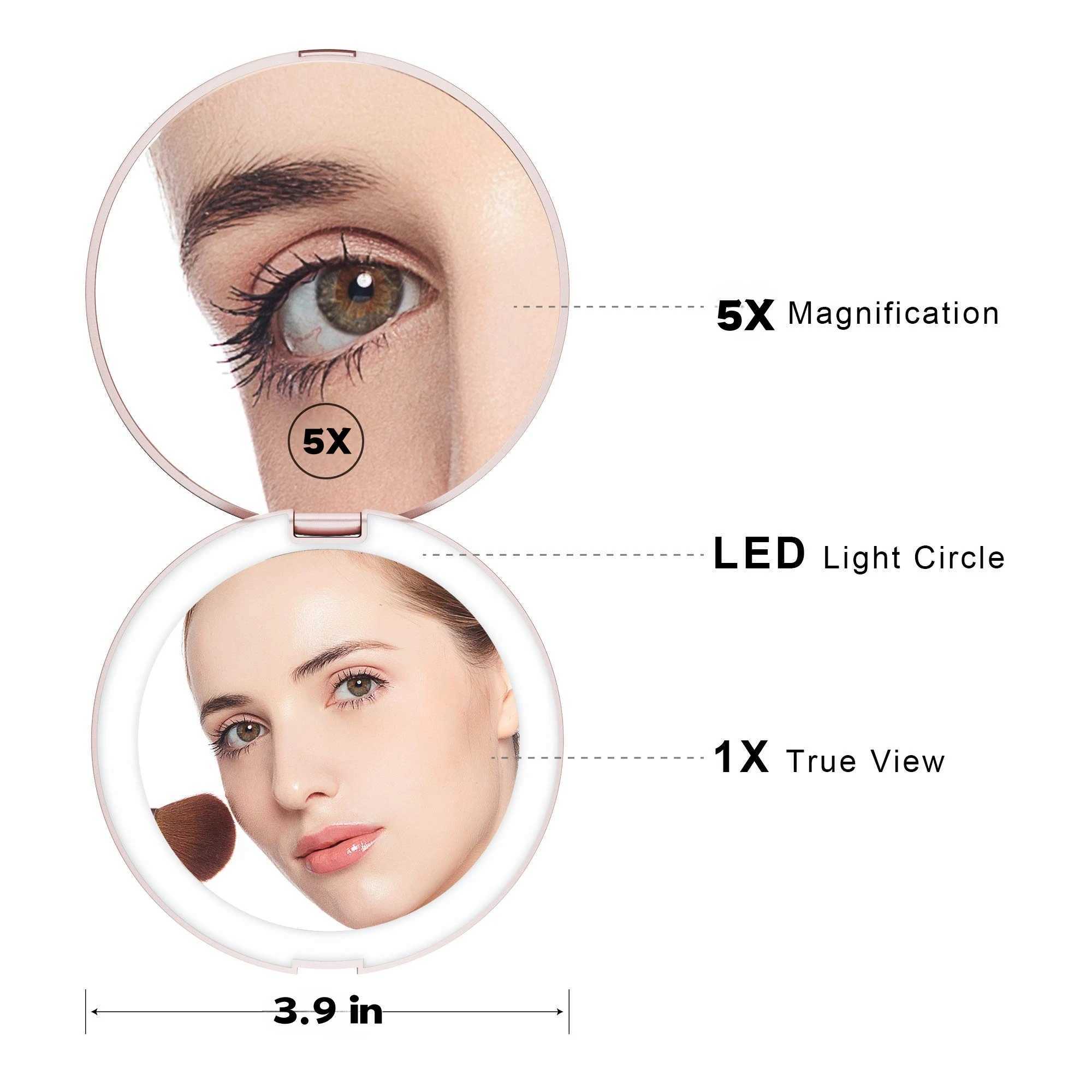 Travel makeup mirror with LED light 5x magnifying mirror cute mini makeup mirror double-sided 3-color light bag portable H260327