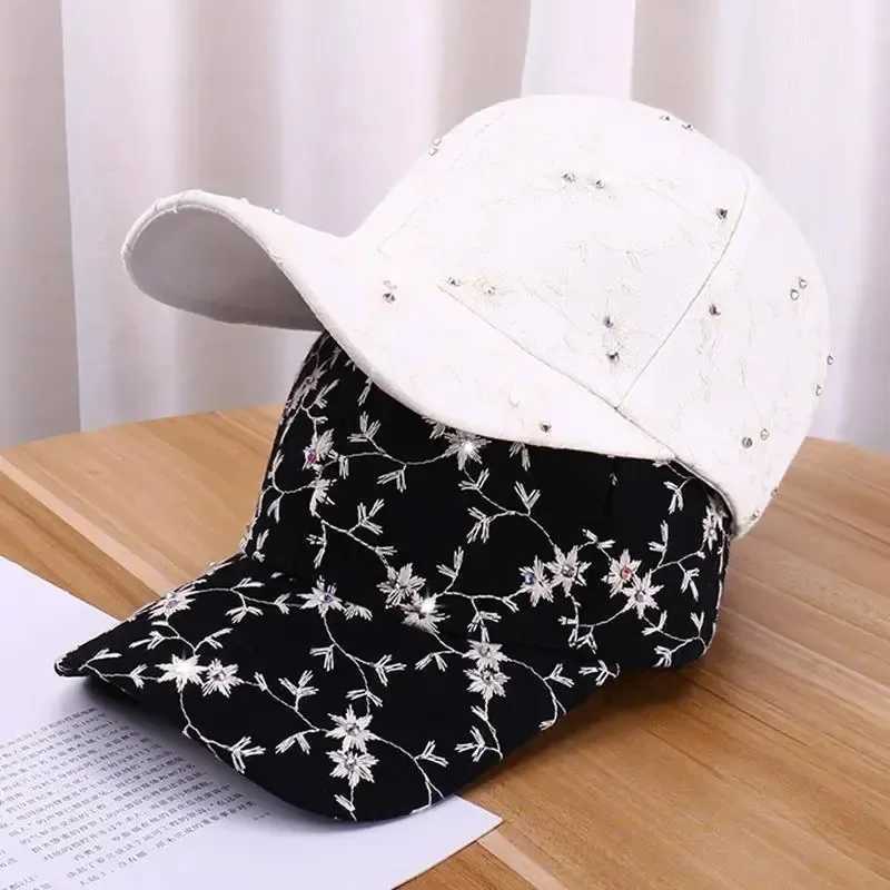 Spring Summer Rhinestone Embroidered Flower Baseball Korean Fashion UV Sun Hat Casual Stylish M260327