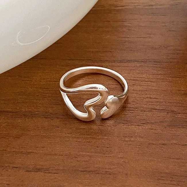 Real 925 Sterling Silver Hollow Heart Opening Adjustable Rings for Women Cute Fine Jewelry Minimalist Asymmetric Accessories H260327