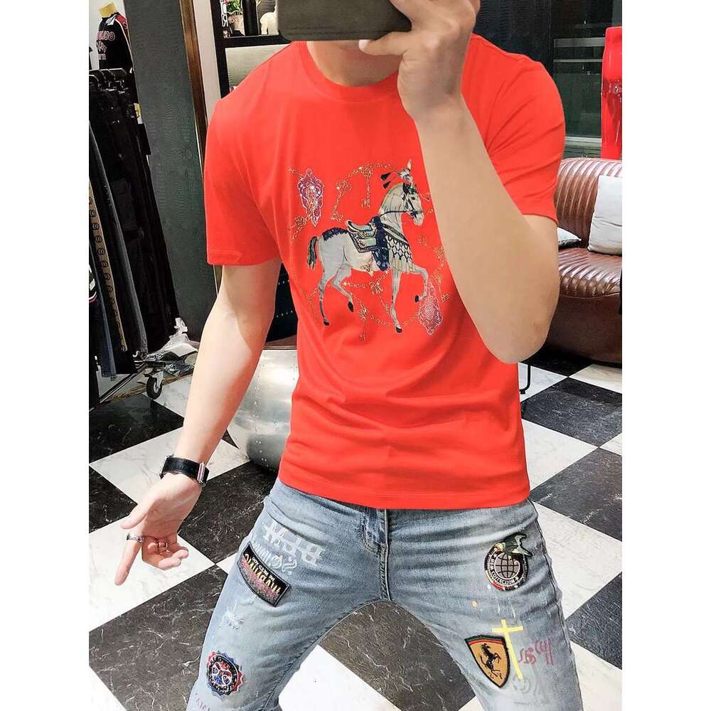 brand short sleeve slim fit round neck new hot style heavy duty rhinestone fashion T shirt trendy clothing pure cotton - view 6