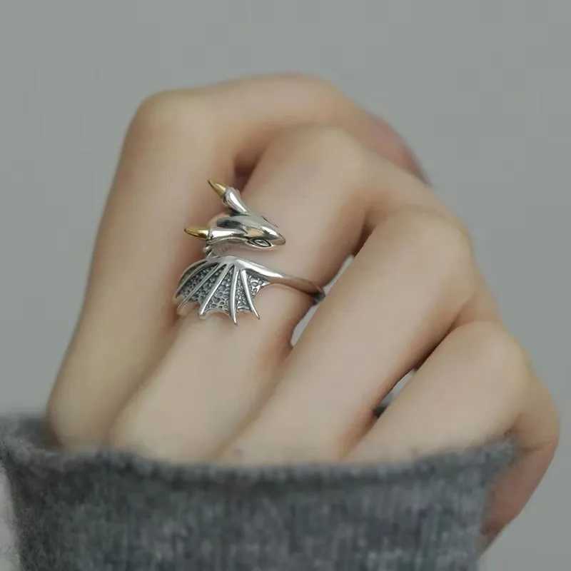 PANJBJ 925 Silve Wing Dragon Punk Ring for Women Girl Party Gift Retro Hiphop Fashion Jewelry Dropshipping H260327