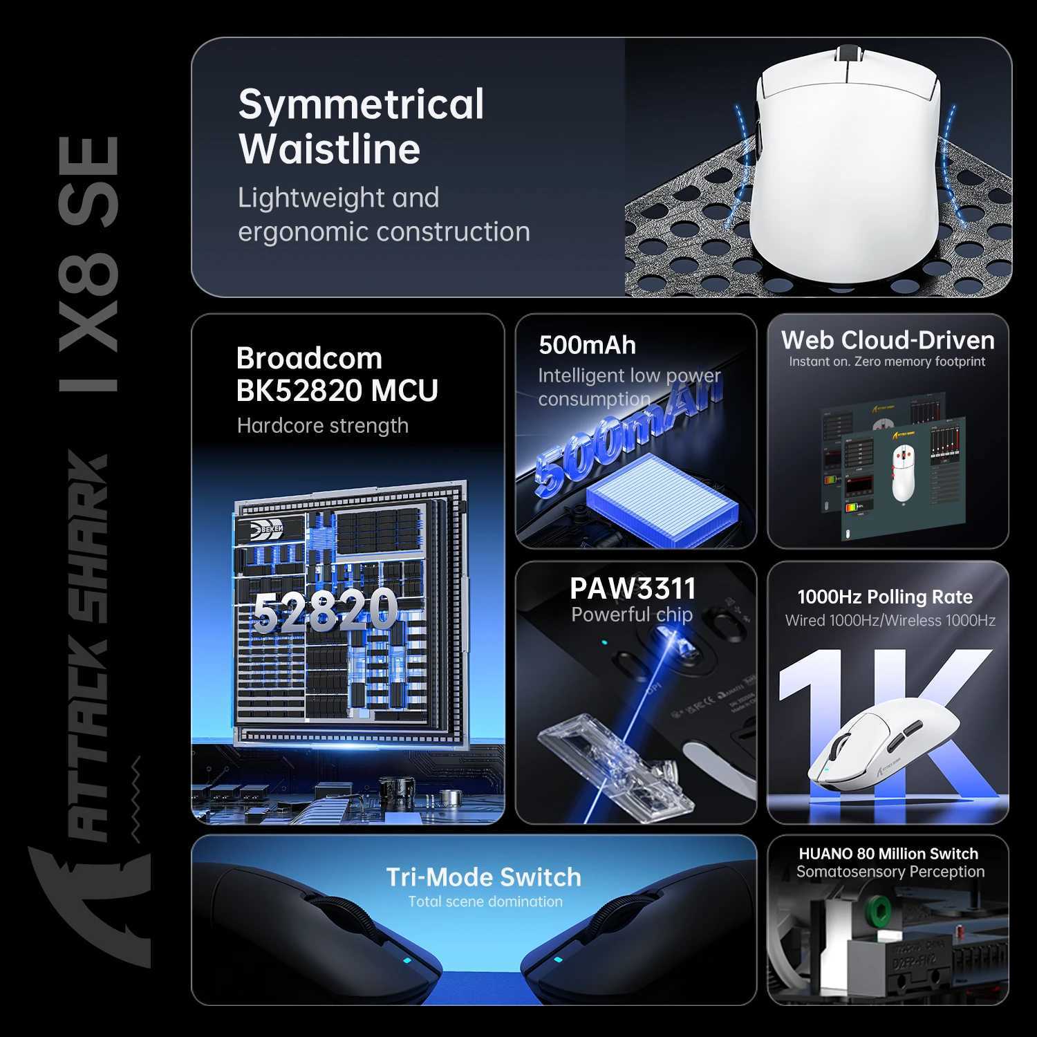 ATTACK SHARK X8 SE Wireless Gaming Mouse 55g Ultra-Lightweight PAW3311 25000DPI 1KHz Tri-Mode Bluetooth 24G Wired Large Battery D260327