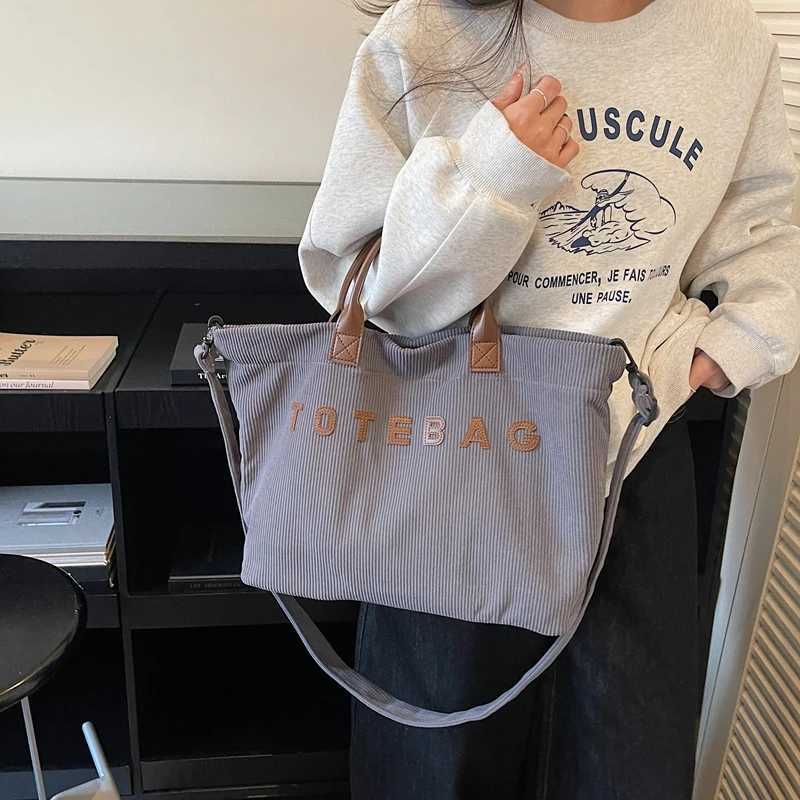 Fashionable and Versatile Women Tote Bag with Large Capacity Embroidered Letters Corduroy Fabric Suitable for Daily Commuting C260327