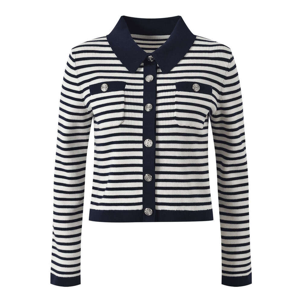 2026 Spring New D19 Designer Women's Fashion Black and White Striped Flip CC Collar Long Sleeve Knitted Short Cardigan