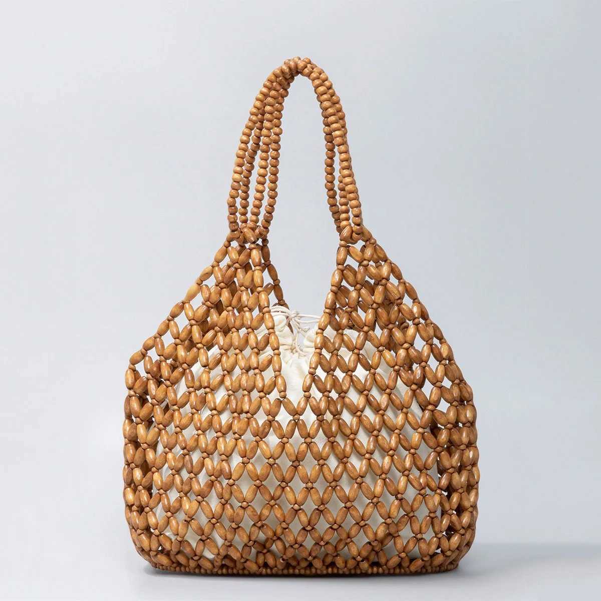 Women Woven Hand Bag Exquisite Design Hollow-out Wooden Bead Shoulder Bag Female Daily Shopping Handbag C260327