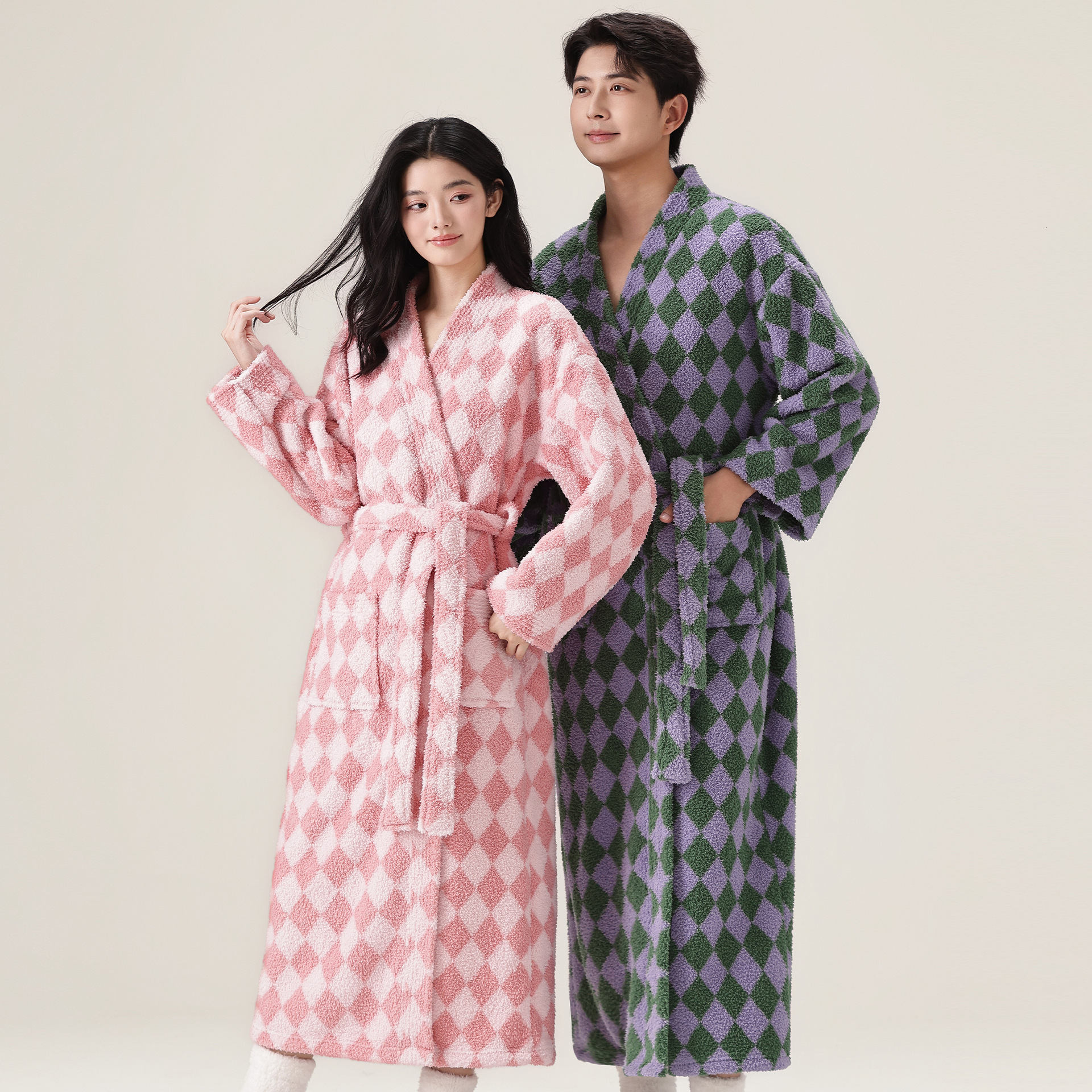 Bathrobe Women Coral Fleece Loungewear Nightgown Winter Long Thickened Half Fleece Plaid Texture V Neck Tie Waist