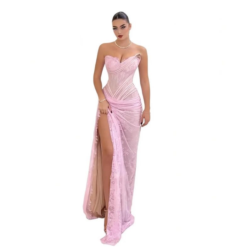 2026 Elegant Light Pink Lace Evening Dresses Saudi Arabic Sweetheart Corset Boning Sexy Formal Party Gowns For Women Side Slit Column Long Birthday Pr