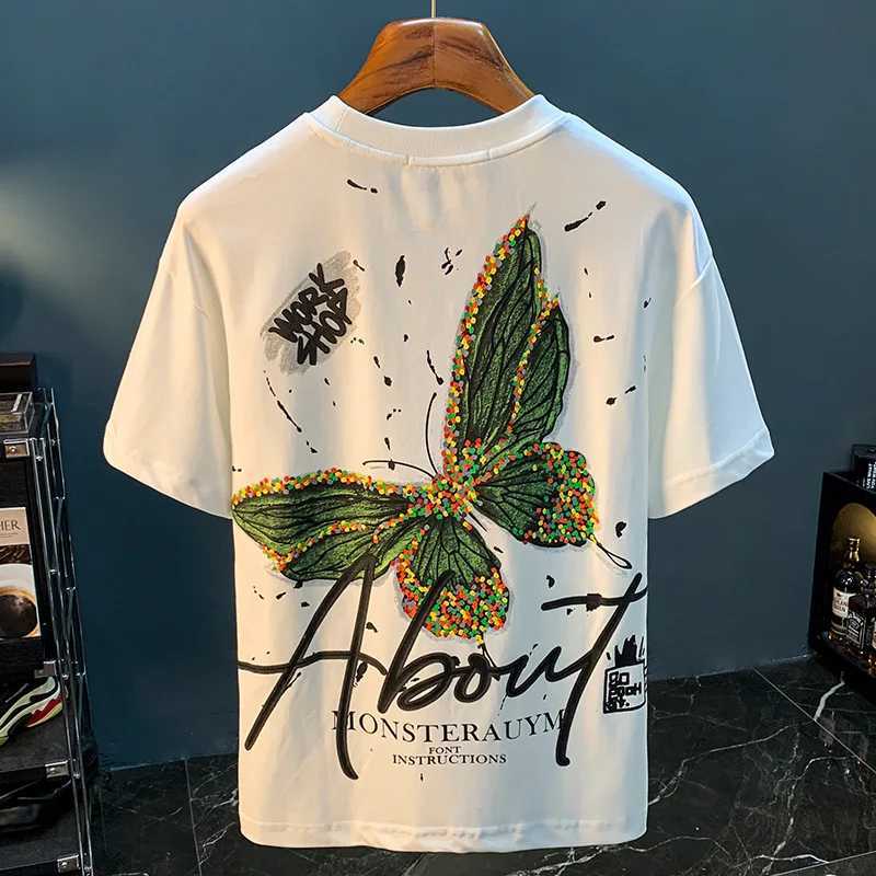 Fashion painted short sleeve T-shirt mens summer thin butterfly print embroidered high-end affordable luxury half sleeve top C260326