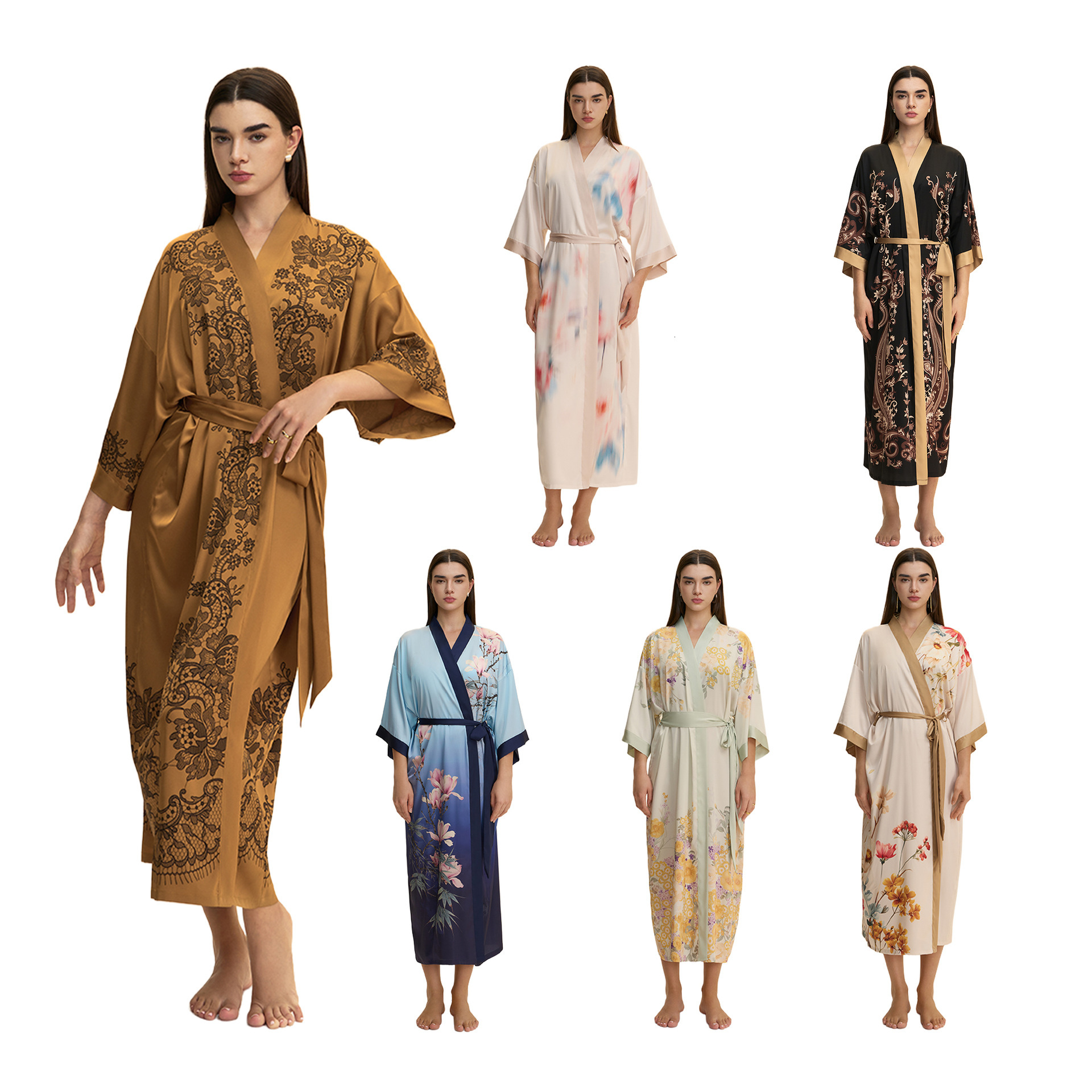 Bathrobe Women Various Floral Print Satin Chiffon Kimono Collar Elegant Long Robe