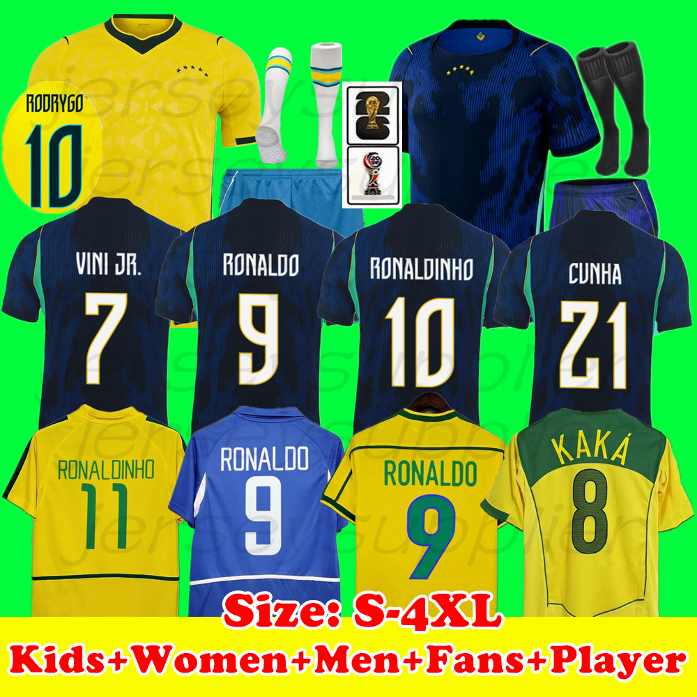 2026 World Cup kit maillot BrazilS enfant Kids Vini Jr Soccer Jerseys Neymar Jr Raphinha Camisa de futebol PELE RIVALDO 94 98 RONALDO 02 RONALDINHO KAKA Vintage Jersey