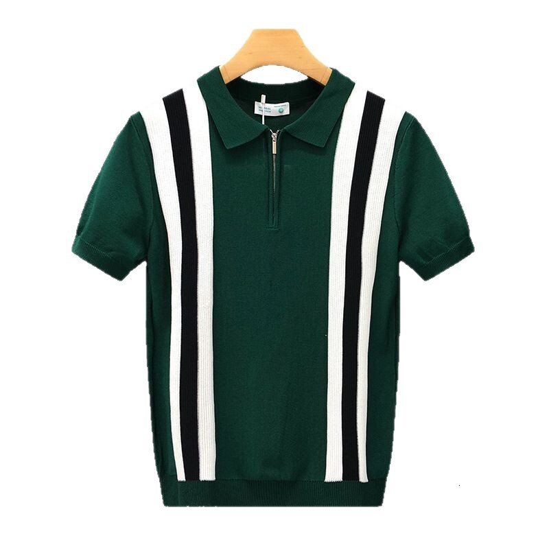 Luxury Brand Designer Summer Korean-style youth casual ice silk slim-fit men vertical striped turn-down collar knitted short-sleeve T-shirt business p