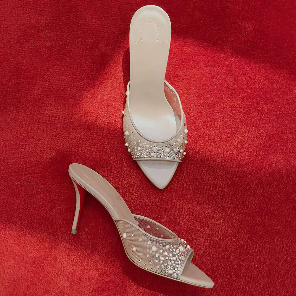 Mesh rhinestone pearl for women, thin heel pointed toe red sole high heels, nude crystal slip-on sandals c02
