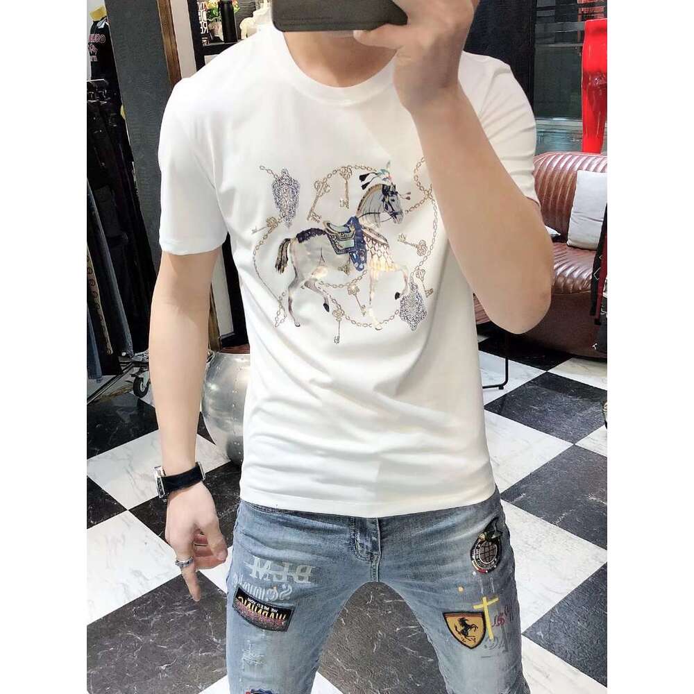 brand short sleeve slim fit round neck new hot style heavy duty rhinestone fashion T shirt trendy clothing pure cotton - view 3