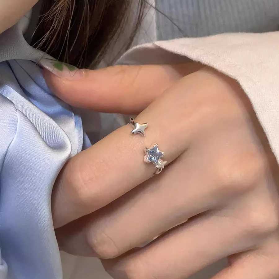 PANJBJ 925 Sterling Silver Stars Ring For Women Blue Crystal Opening Sweet Romance Irregular Versatile Jewelry Gift Dropshipping H260327