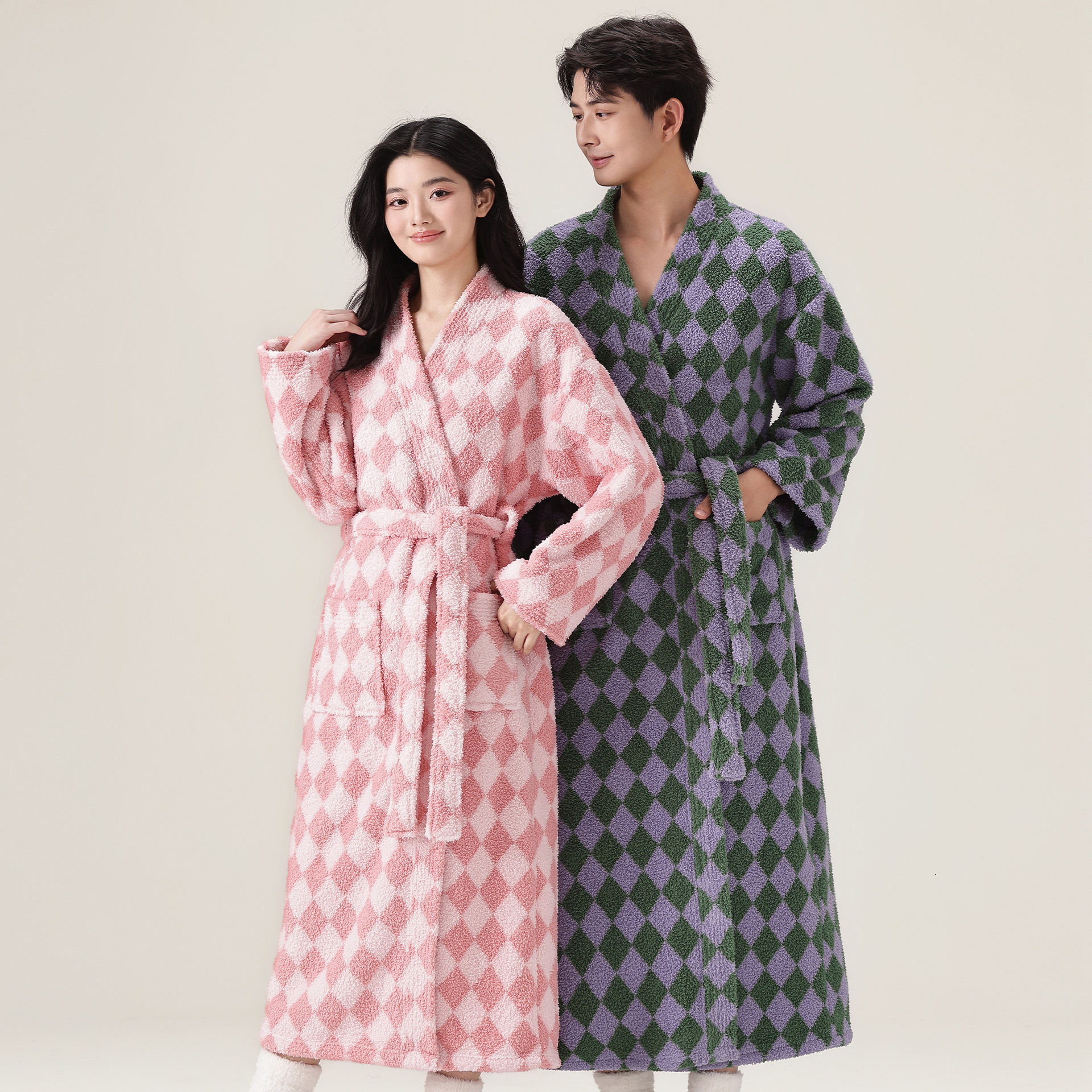 Bathrobe Women Coral Fleece Loungewear Nightgown Winter Long Thickened Half Fleece Plaid Texture V Neck Tie Waist