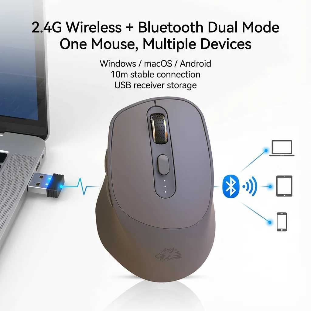 FREEWOLF X7 Wireless Mouse Bluetooth 24G Dual Mode Silent Rechargeable 4000DPI Battery Indicator Ergonomic for PC Mac Laptop D260327
