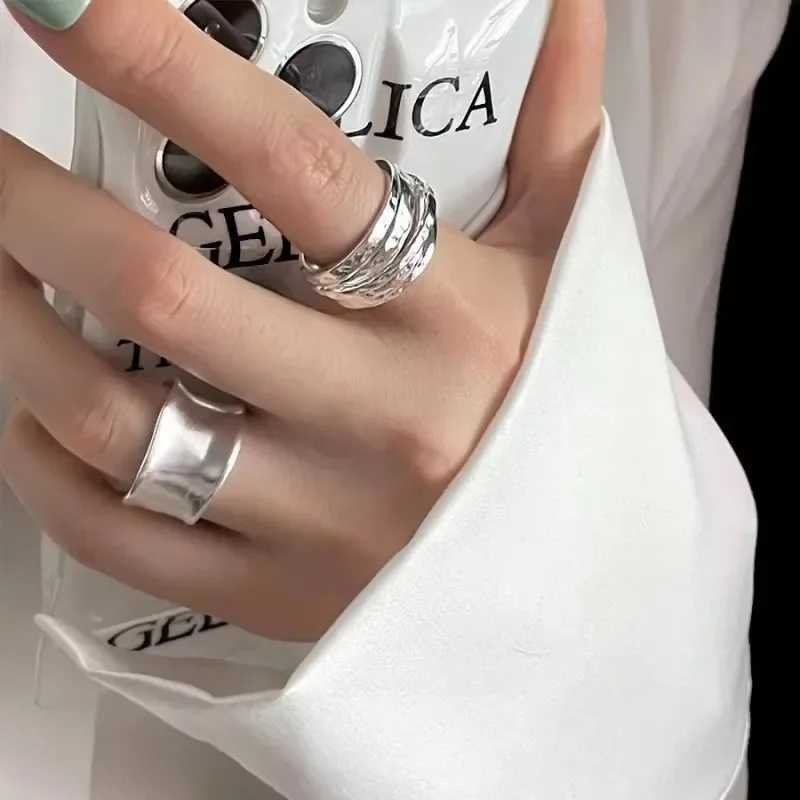 2PCS 925 Sterling Silver Ring for Women Jewelry Wide Simple Open Ring Vintage Handmade Ring Allergy for Party Birthday Gift H260327
