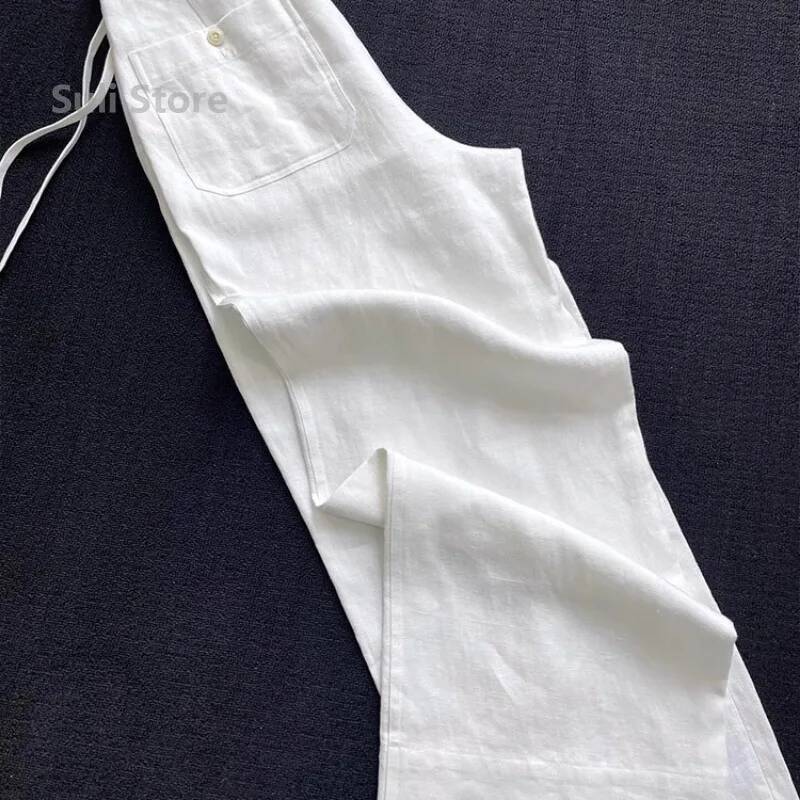 High Elastic Waist Cotton Linen Casual Pants Women's Style Small Size White Drawstring Loose Fit Trousers ddmysept