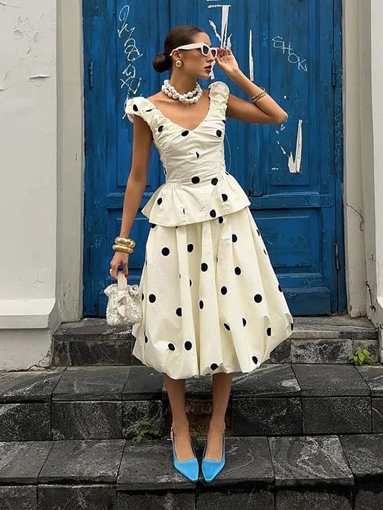Women Polka Dot Top Long Skirt 2 Piece Set Elegant V-neck Sleeveless Slim Top High Waist Pleated Loose Skirt Suit Lady Daily Set 260326