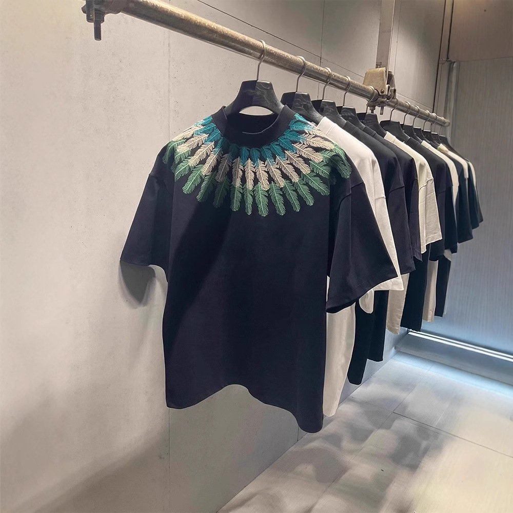 Luxury Brand Designer Summer New Trendy Brand Peacock Feather Heavy Craft Short Sleeve T-Shirt Men Light Luxury Trendy Round Neck Versatile Half Sleev
