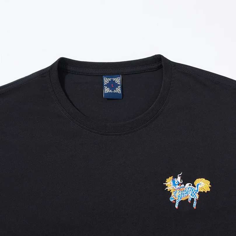 Summer Short-Sleeve T-Shirt Pure Cotton Kylin Embroidery Young Mens Loose Casual Round-Neck T-Shirt Loose Fit D041 C260326