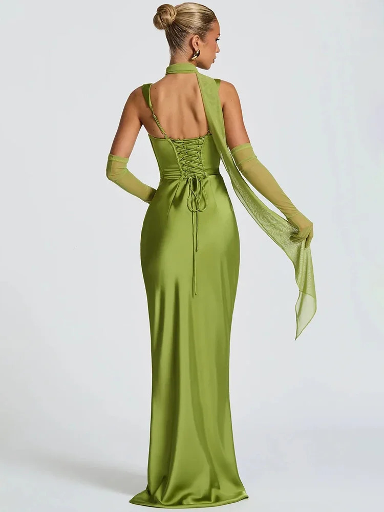 Satin Backless Sexy Maxi Dress Women Elegant Halter Off-shoulder Sleeveless Lace-up Bodycon Club Party Long Dresses 260326