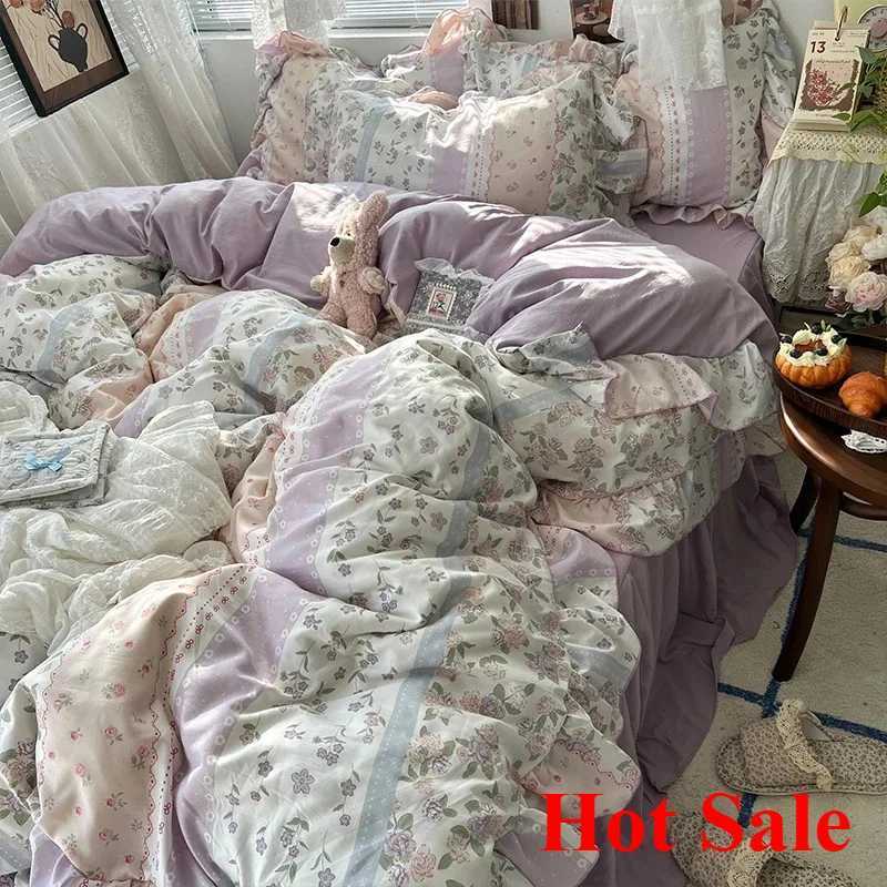 Korean Princess Style Floral Ruffles Bedding Set Skin-friendly Soft Duvet Cover Set Bed Sheet Or Bed Skirt Pillowcases H260327