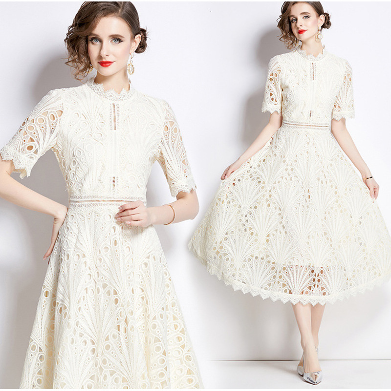 Womens Casual Dresses summer dress Woman Clothing Elegant Lace Dresses Short Sleeve Crochet Embroidery Design Slim Style Lady Luxurious Stylish Dress