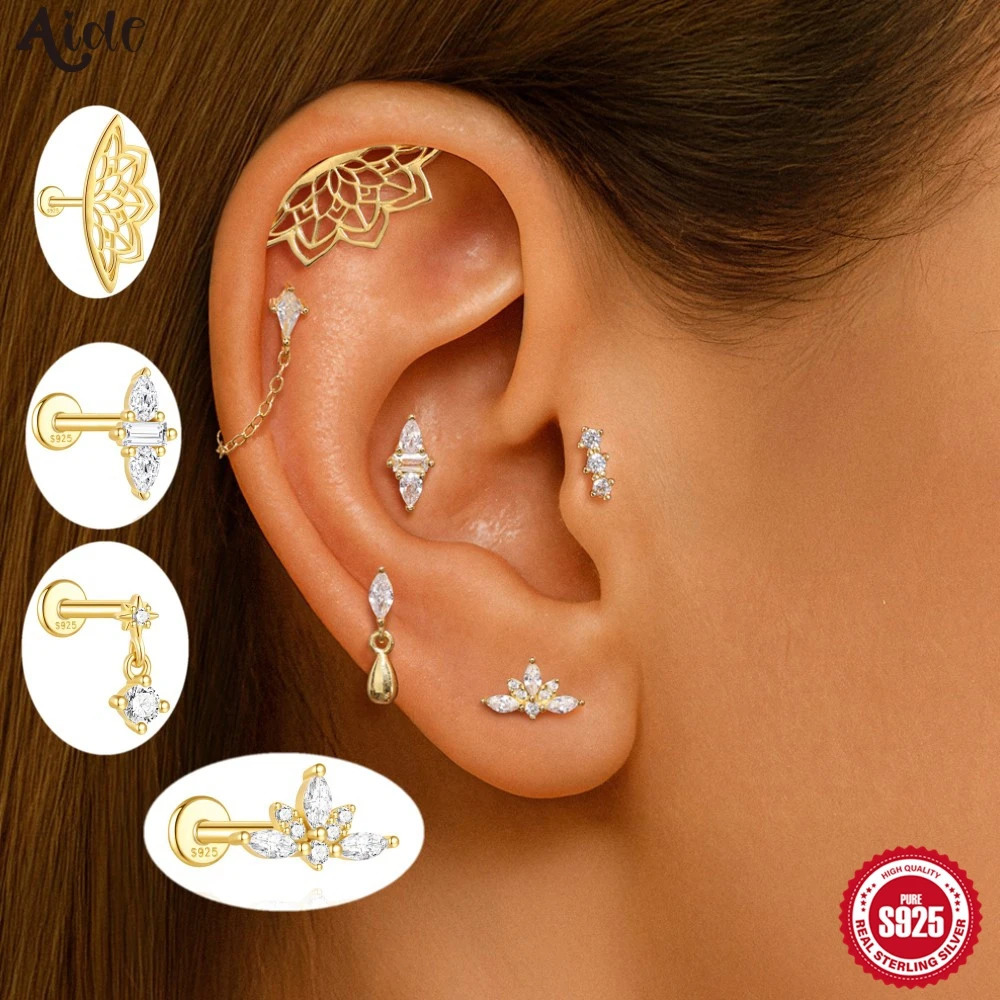 Aide 925 Sterling Silver Ear Hollow Lotus Earrings CZ Paved Top Threaded Labret Ear Stud Tragus Lip Ring Body Piercing Jewelry 260326