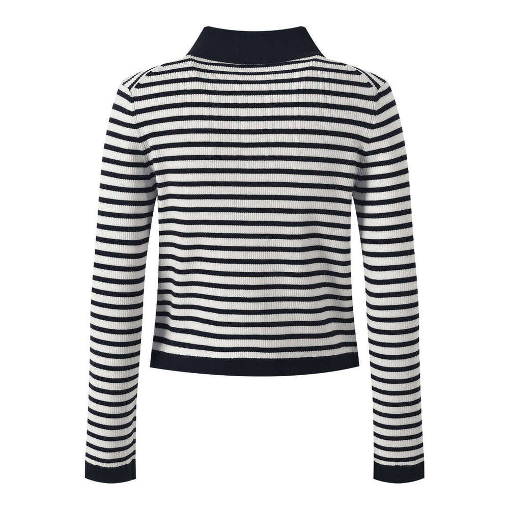 2026 Spring New D19 Designer Women's Fashion Black and White Striped Flip CC Collar Long Sleeve Knitted Short Cardigan