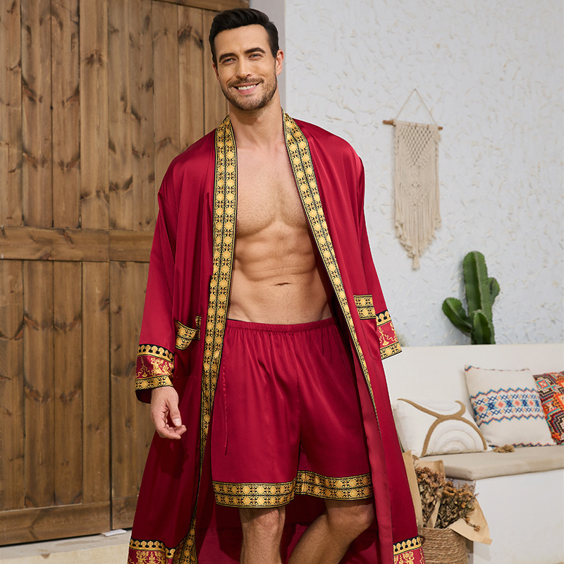 Bathrobe Men Designer V Neck Satin Baroque Style Robe Shorts Set Nightgown Home Wear