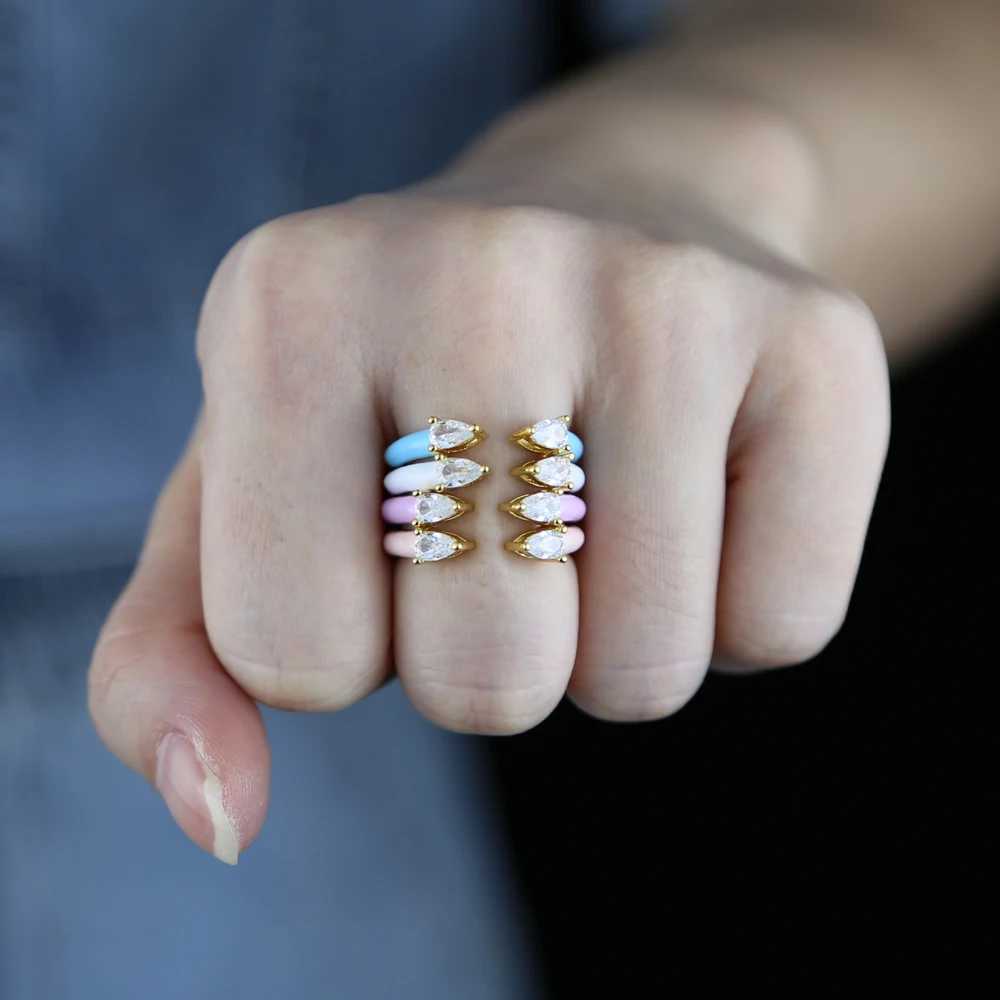Water Drop CZ Pastel Enamel Open Rings Adjustable Paved Cubic Zirconia Gold Plated Color for Women Fashion Jewelry Anillos Mujer H260327