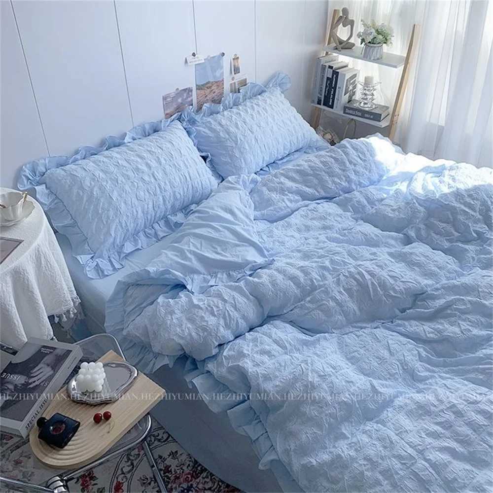 INS Girl Blue Bedding Sets Solid Color Seersucker Ruffles Lace Kawaii Soft Sheet Woman Duvet Cover Pillow Covers Quilt Cover H260327