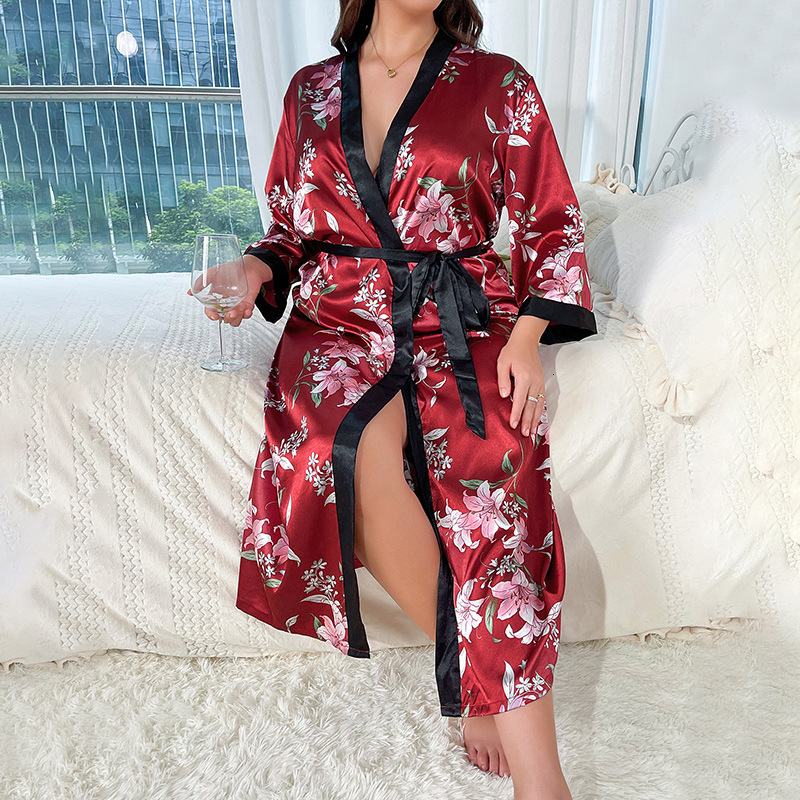 Bathrobe Women Plus Size Designer Fashion Casual Loose V Neck Floral Pattern Long Silk Like Tie Waist Sexy Sleepwear