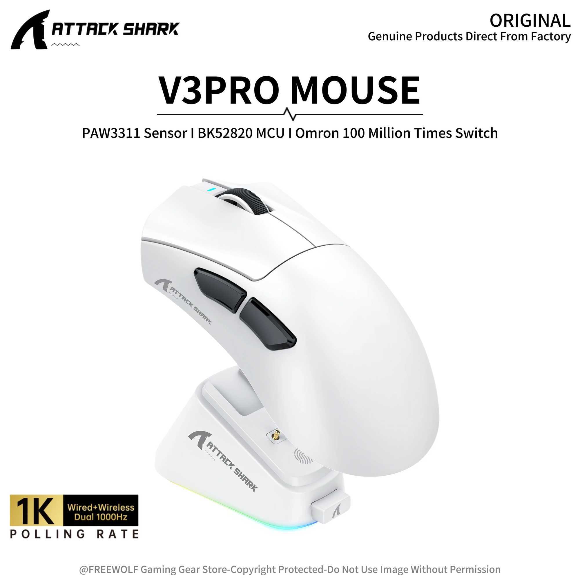Attack Shark V3Pro Bluetooth Wireless Mouse 1000 HzPAW3311 SensorRGB Magnetic Charging DockLightweight Mouse for PC/Web D260327