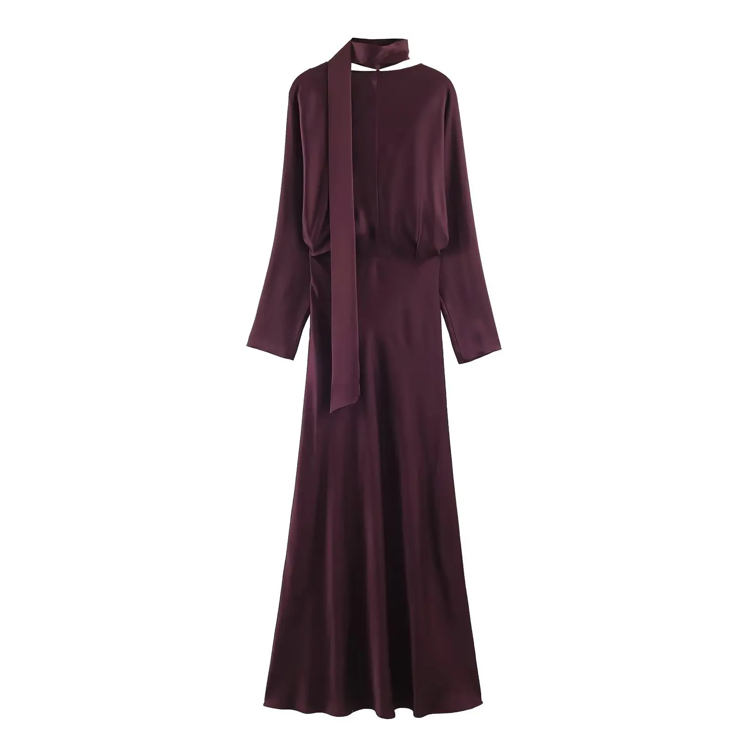Women Fashion Satin V neck Dress Long Dresses With Scarf Chic Elegant Dresses Women Long Sleeve Casual Dress 260326