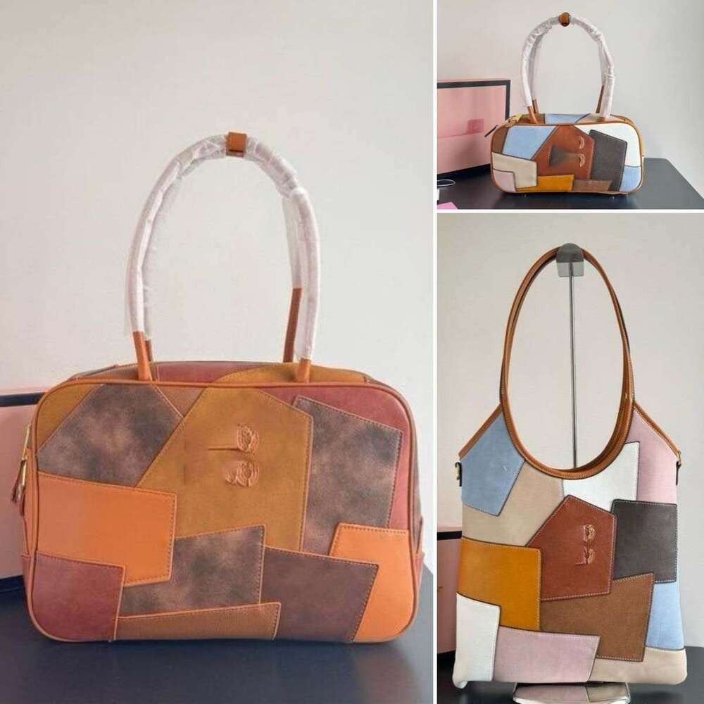 Luxury Designer Bag Patchwork Bowling Tote Handbags For Women Large Capacity Shoulder Bags Trendy Fashion Retro Underarm Purse Commuter Office Bag