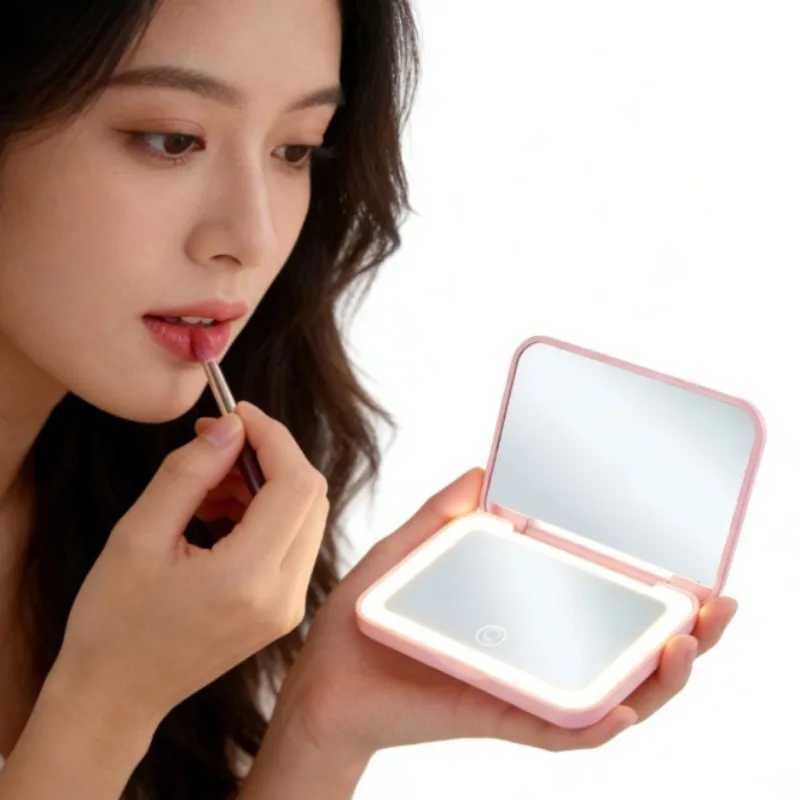 Compact Mini Vanity Folding Cosmetic Mirror with Lights Portable Handheld Travel Makeup Mirror 2X Magnifying Small Pocket Size H260327