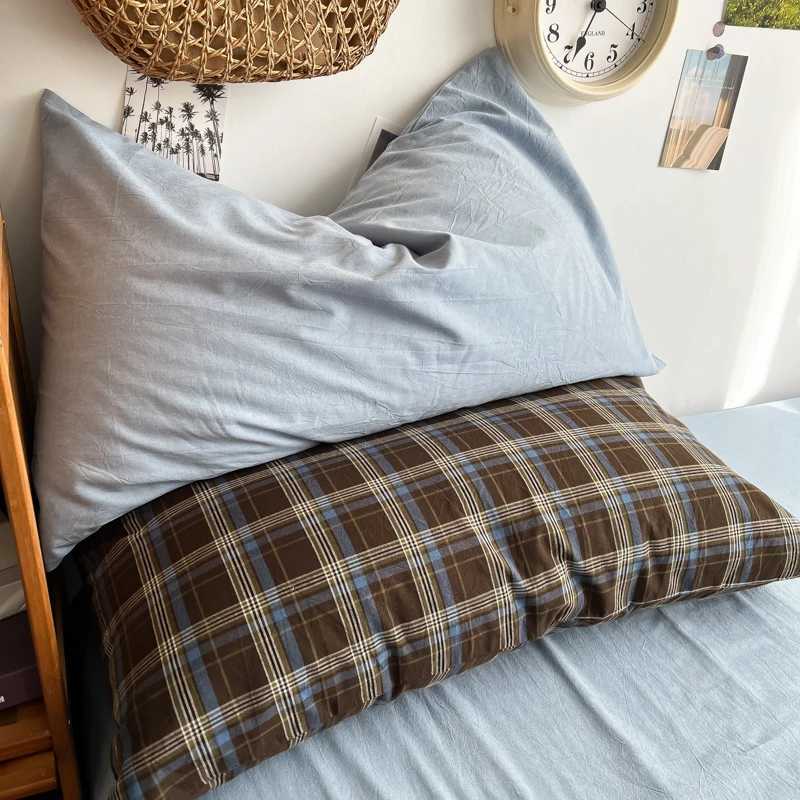 MissDeer Bedding Set Ins Ambiance Blue Coffee Grid Mixed With Washed Cotton Minimalist Four Piece Set Fitted Sheets Duvet Cover H260327