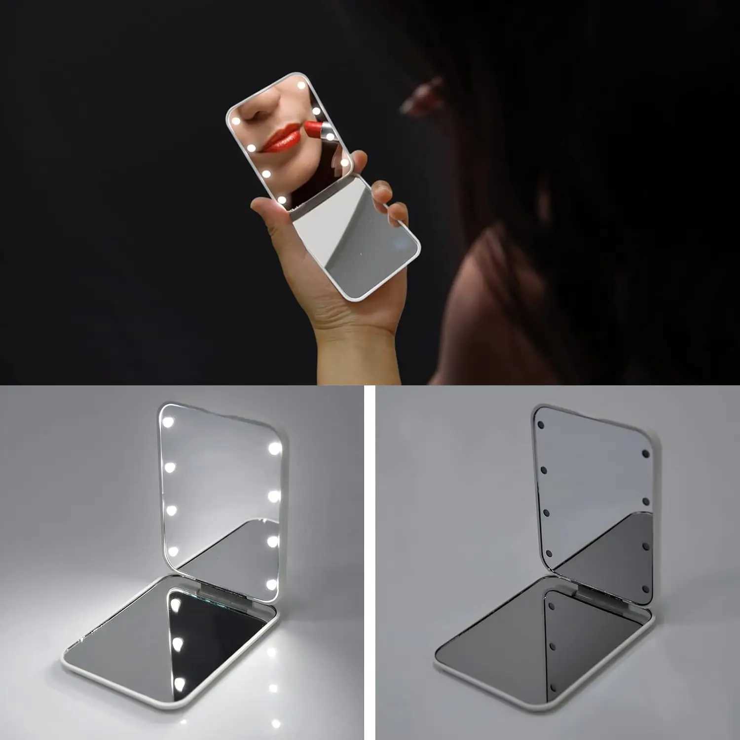 Mini Handheld Makeup Mirror 1X/3X Magnifiying Compact Folding Travel Portable With Light Makeup Pocket Mirror 8 Leds for Gifts H260327