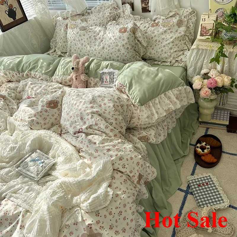 Korean Princess Style Floral Ruffles Bedding Set Skin-friendly Soft Duvet Cover Set Bed Sheet Or Bed Skirt Pillowcases H260327