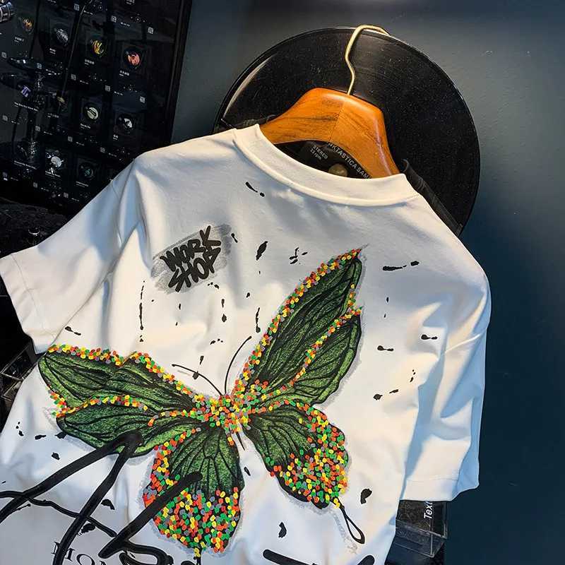 Fashion painted short sleeve T-shirt mens summer thin butterfly print embroidered high-end affordable luxury half sleeve top C260326