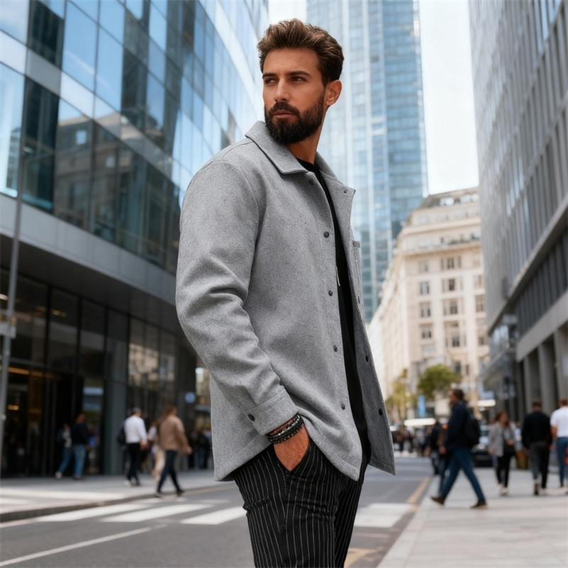 Polyester Brushed Short Jacket for Men Lapel Button-Down Pocket Coat Comfortable Casual Autumn Winter Office Business Wear 260327