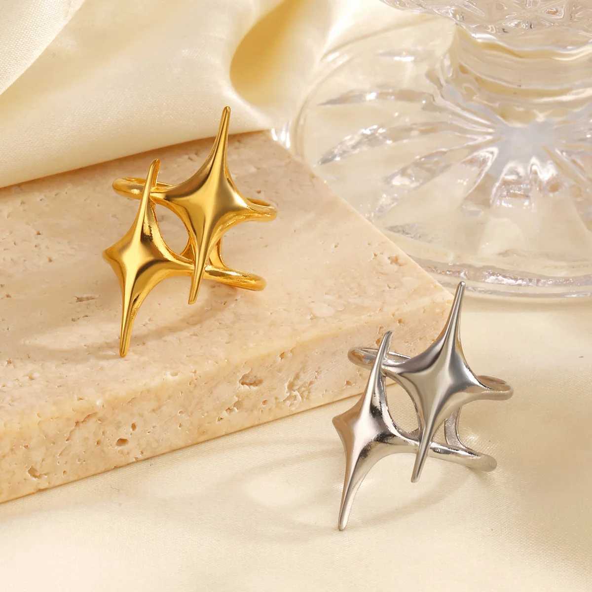 Stainless Steel Ring Punk Vintage Y2K Cross Star Open Rings for Women Fashion Couple Jewelry Gift Simple Senior Sense Adjustable H260327