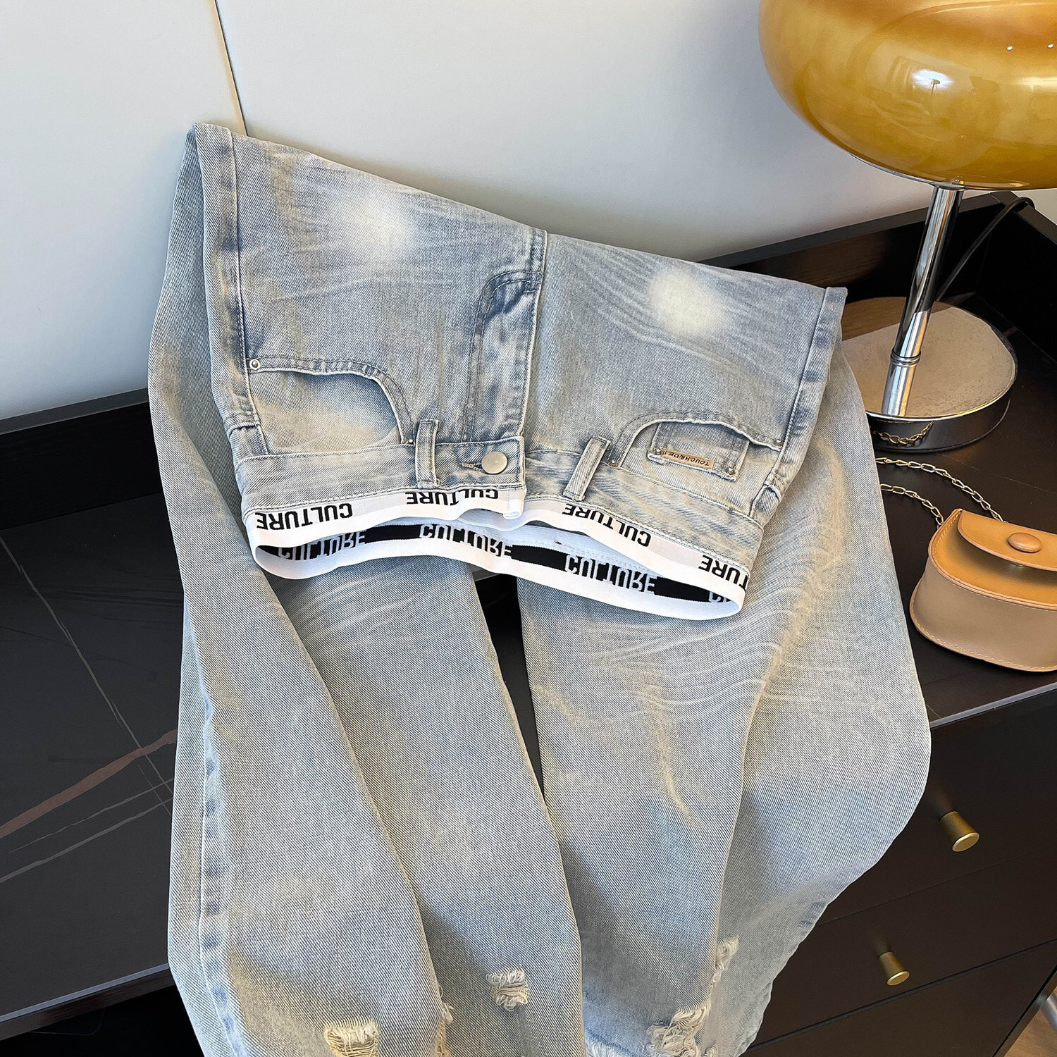 Luxury Brand Designer American retro patchwork distressed jeans for women new spring and autumn style light blue high-waisted slimming loose wide-leg 