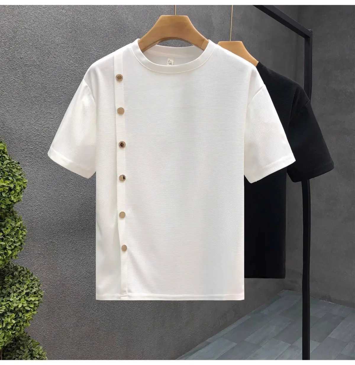 Mens Trendy Summer Short-sleeved Handsome Half-breasted T-shirt New Top Summer Striped Half-sleeved C260326